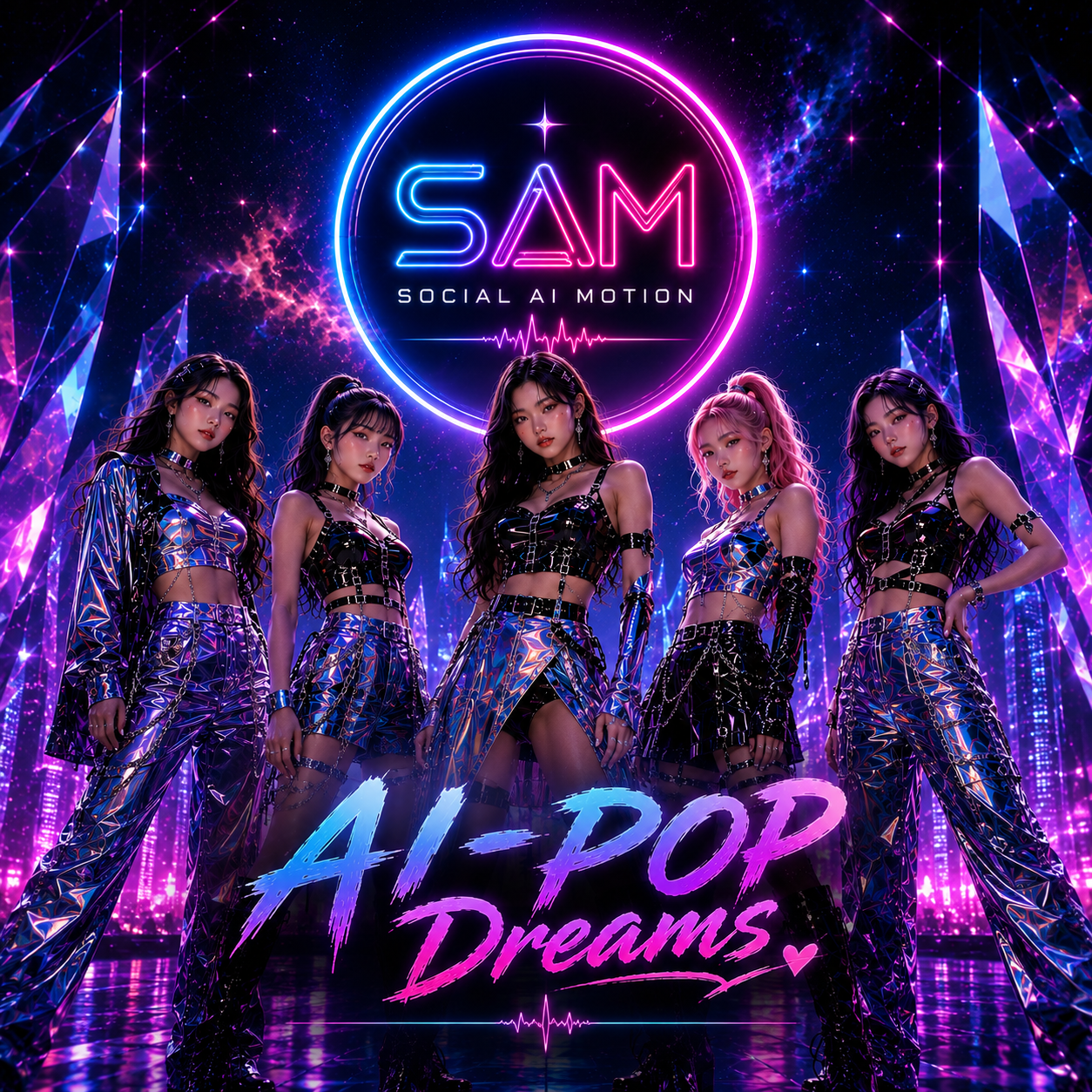 Five women in iridescent neon outfits pose on a neon-lit, galaxy-inspired stage with a circular glow and the words 'SAM' and '4-POP Dreams' below (album cover).