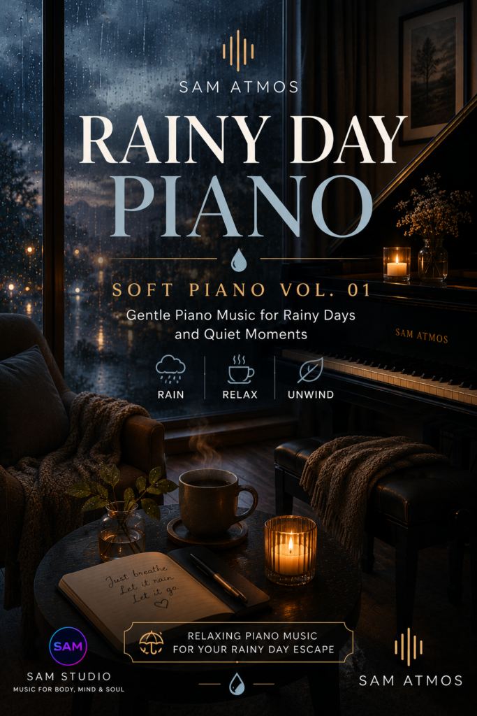 Album cover for 'Rainy Day Piano' by Sam Atmos: a cozy room with rain on the window, a grand piano, candles, and a notebook on a table.