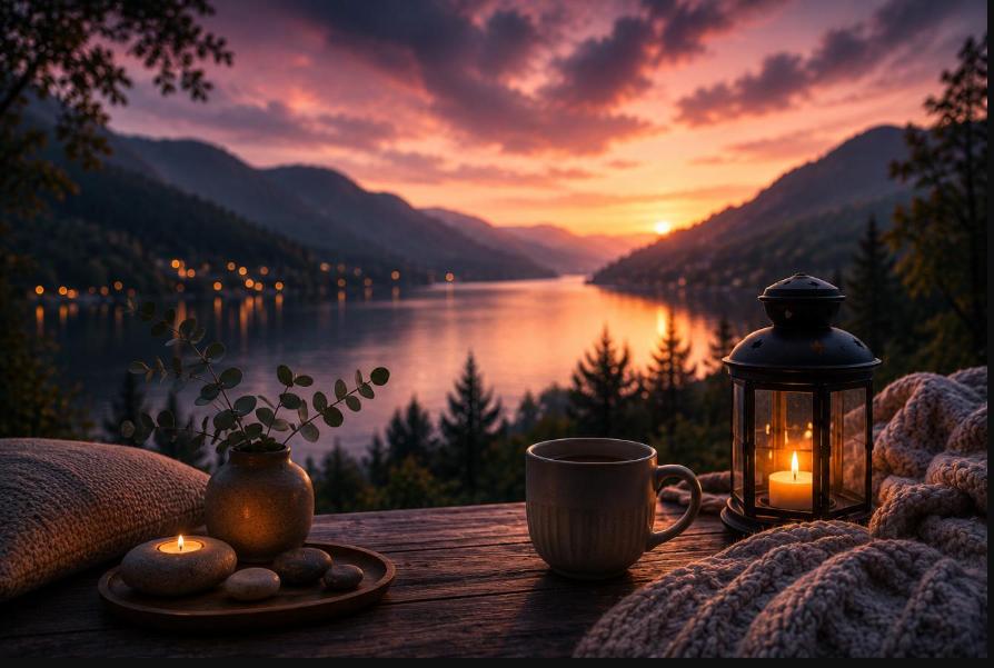 Sunset over a lake and mountains, with a lit lantern, mug, and cozy blanket on a wooden table.