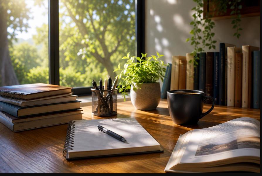 Study collection cover art - bright desk with books, notebook, coffee, and sunlight
